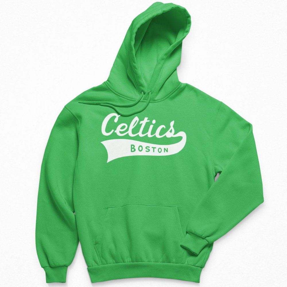 NEW Boston Celtics Retro Baseball Script Swash Logo Fleece Pullover Hoodie GREEN